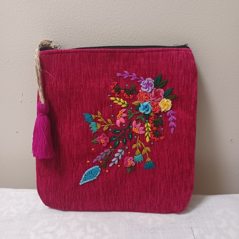 New Hand Embroidered Fuschia Hot Pink Jewelry Pouch Or Gift Bag